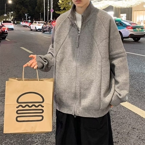 双拉链开衫毛衣男士宽松立领慵懒风上衣春秋季潮牌美式针织衫外套图片