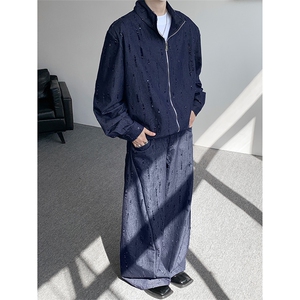 春秋男士韩系设计款牛仔套装割洞提花重工水洗外套牛仔裤套装图片