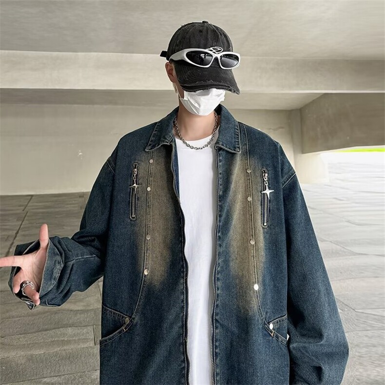 拉链设计感牛仔外套男生宽松春秋复古做旧痞帅炸街夹克潮2183/P70,男装工装外套,星座506