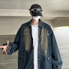 拉链设计感牛仔外套男生宽松春秋复古做旧痞帅炸街夹克潮2183/P70，男装工装外套，星座506