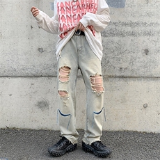 美式高街破洞牛仔裤直筒ins潮牌休闲宽松百搭拖地裤N0719-P45，男装牛仔裤，星座308B-1