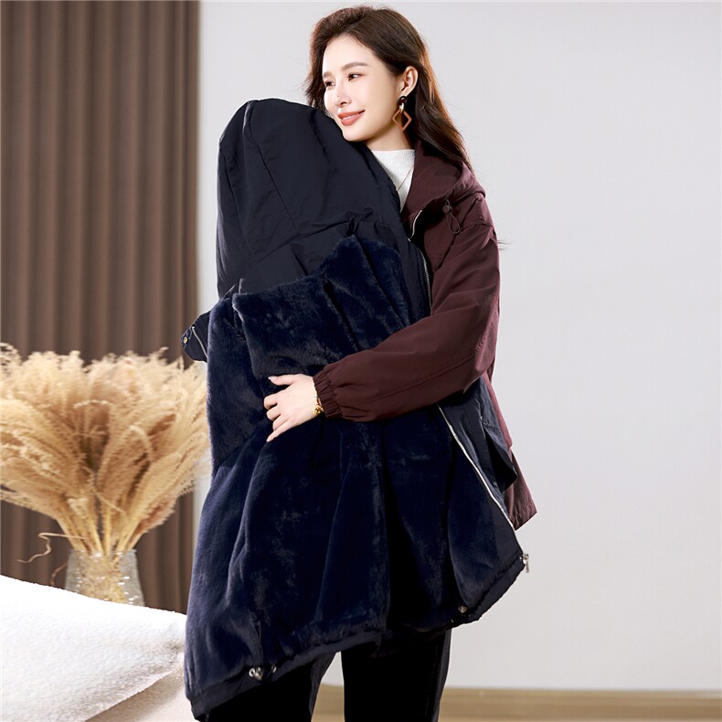 2025年冬季时尚潮流中长款休闲加绒加厚派克服，女装派克服，独衣靓