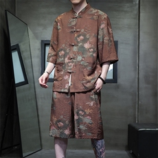 2025夏季新款男风冰丝唐装民族风印花套装短袖+短裤A113-P80，男装休闲套装，电商B277(原6028)