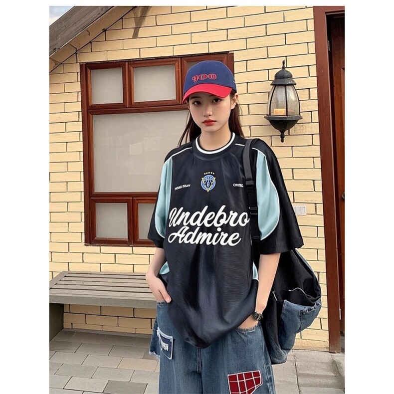 夏季美式复古拼接撞色字母印花短袖T恤男运动球衣机车骑行服上衣,男装T恤,星座516A