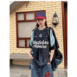 夏季美式复古拼接撞色字母印花短袖T恤男运动球衣机车骑行服上衣