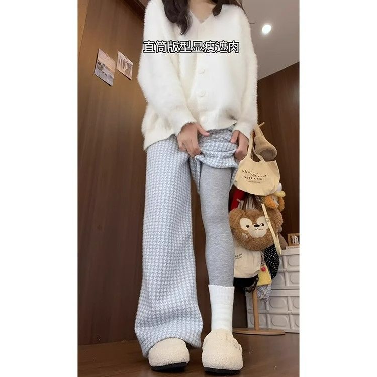 AK2484-P60千鸟格绒绒裤女秋冬24新款小众设计感加厚垂感阔腿裤,女装休闲裤,星座617A-2