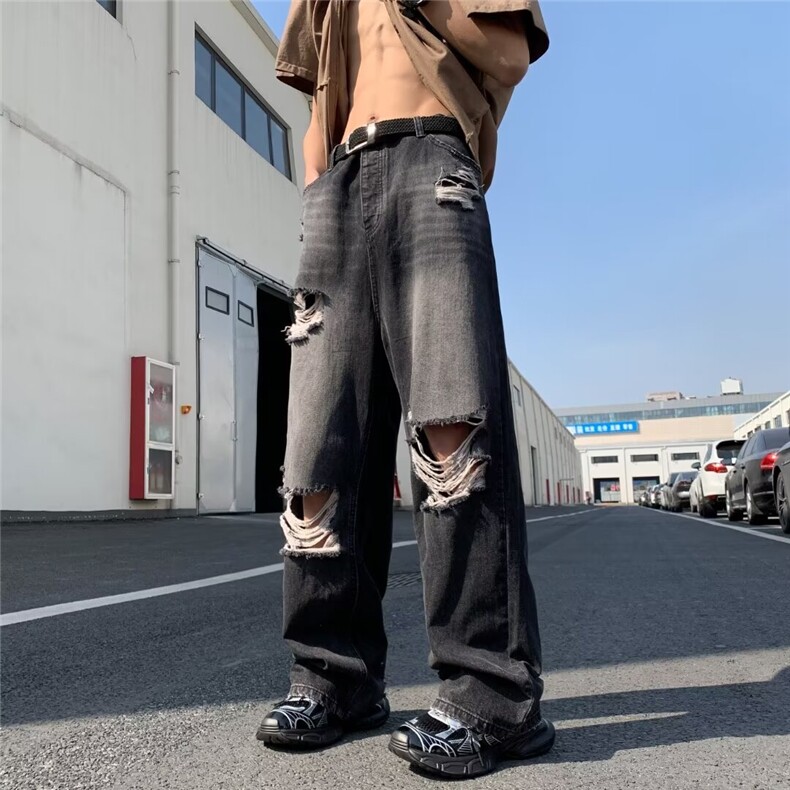 高街大破洞牛仔裤男夏季潮牌宽松阔腿痞帅hiphop裤子X842-P46,男装牛仔裤,星座1001-1
