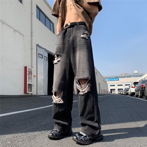 高街大破洞牛仔裤男夏季潮牌宽松阔腿痞帅hiphop裤子 X842-P46图片