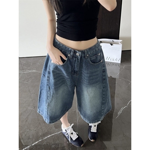 美式牛仔短裤男生夏季薄款水洗做旧痞帅潮牌宽松直筒阔腿五分中裤