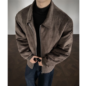 结构设计美式冬季棉服复古麂皮绒短款宽松加棉外套986P118,搭配卡其色羊羔毛外套的裤子图片