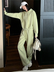 女秋季小清新时尚气质套装抽绳连帽卫衣阔腿卫裤两件套休闲运动潮图片