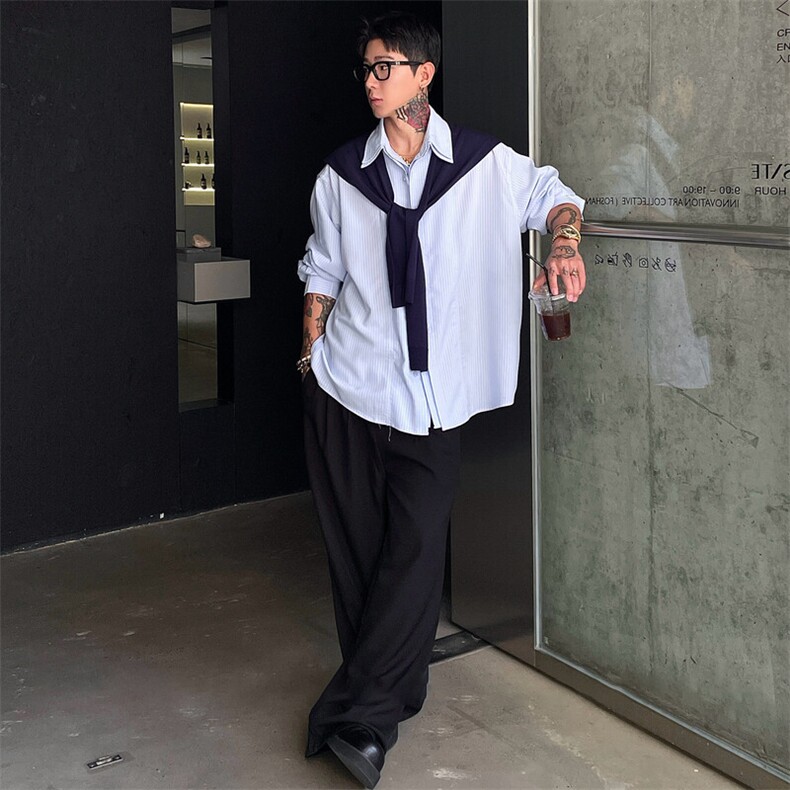 短袖949-P68长袖950-P75可拆卸披肩蓝条双层长短袖衬衫小众衬衣,男装T恤,电商B327