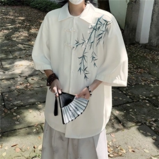 新中式风竹子刺绣短袖衬衫男夏季休闲唐装外套痞帅高级感衬衣服，男装衬衫，星座1013