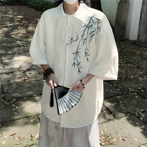 新中式风竹子刺绣短袖衬衫男夏季休闲唐装外套痞帅高级感衬衣服图片