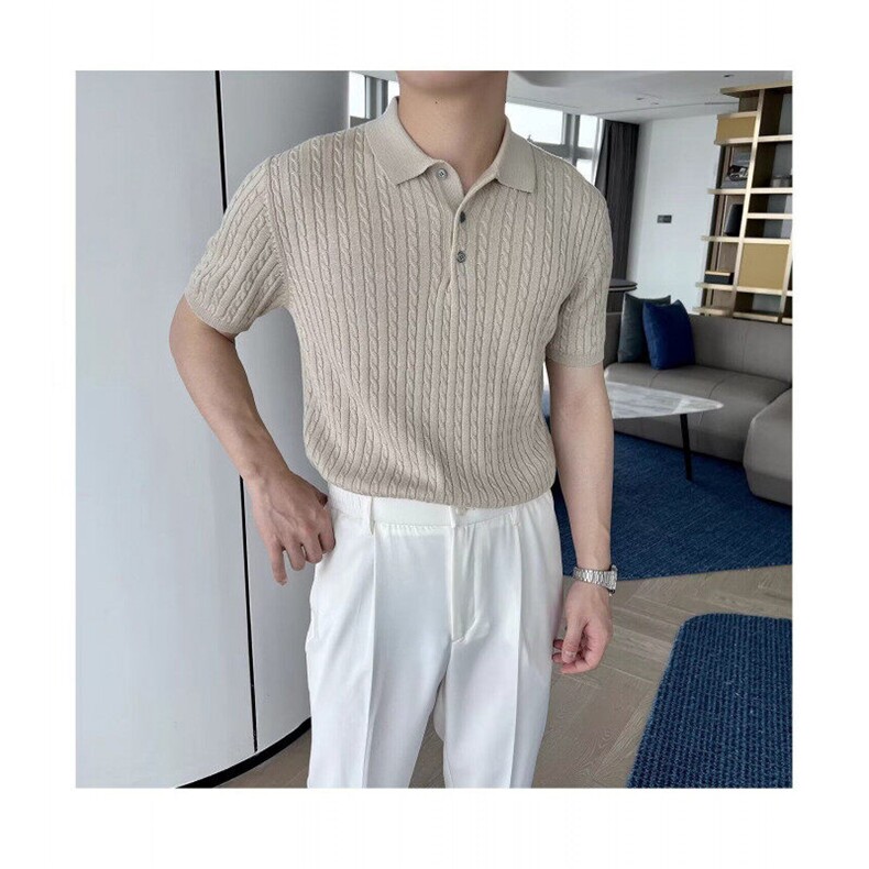 麻花扭绳针织polo衫老钱风短袖文艺无品牌百搭气质新款潮流简约,男装Polo衫,星座410-7