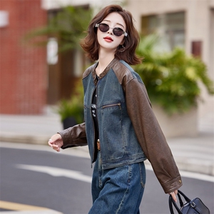 美式复古棕色皮衣拼接牛仔外套女春秋季2024新款休闲短款夹克上衣图片