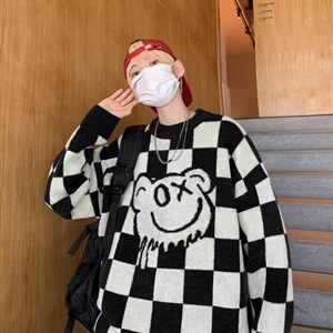 秋冬宽松慵懒百搭针织衫棋盘格外套套头线衣圆领毛衣男 M621-P30图片