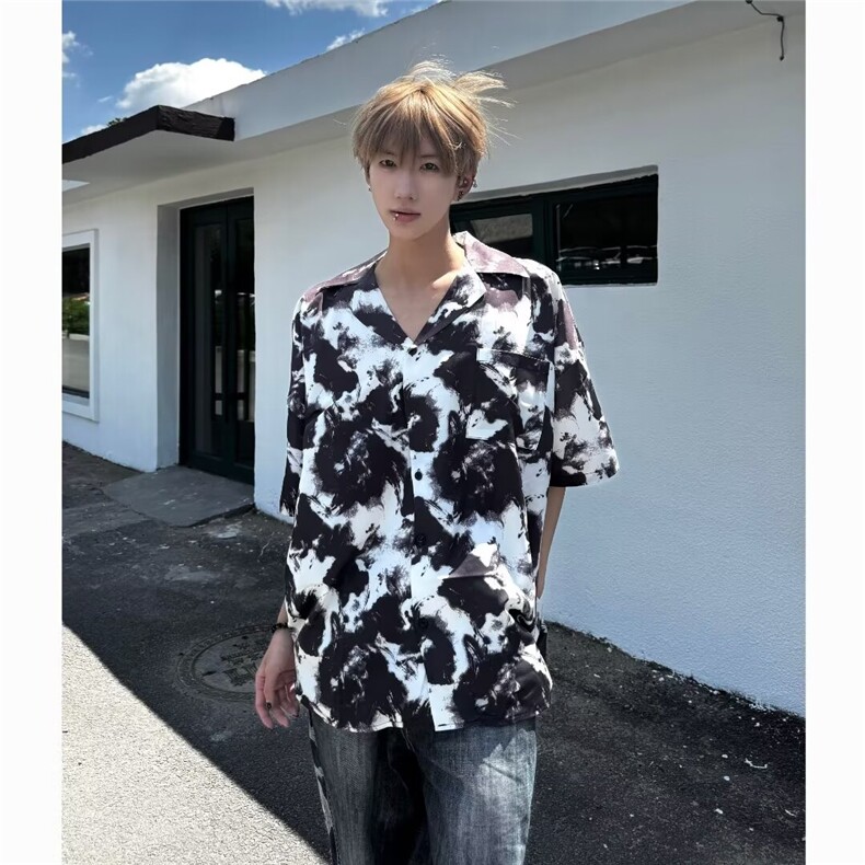 夏季上衣韩宽松高级感垂感短袖衬衫男装潮流痞帅水墨免烫衬衣潮,男装衬衫,星座1013