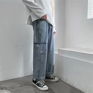 现货牛仔裤男新款韩版宽松潮流港风直筒九分休闲裤子P35图片