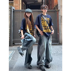 网图有货美式泼墨破洞牛仔裤男女拼接结构喷绘宽松长裤A620-P45，男装牛仔裤，星座1505