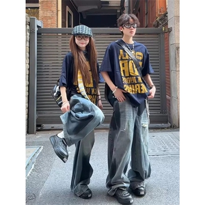 网图有货 美式泼墨破洞牛仔裤男女拼接结构喷绘宽松长裤 A620-P45图片