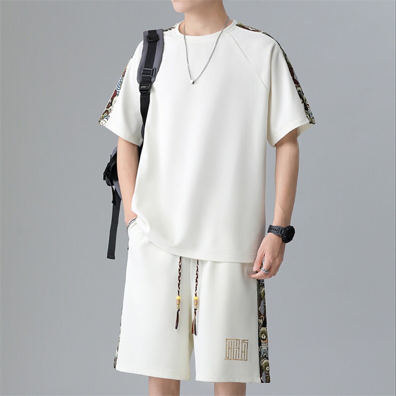 落肩袖拼接休闲运动套装夏季T恤短裤一套两件套A266-TZ9907-P47,男装牛仔裤,电商A266