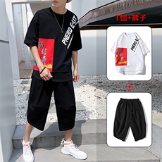 夏季男士潮流休闲短袖T恤套装搭配帅气五分裤一套衣服DS393T，男装T恤，电商A102
