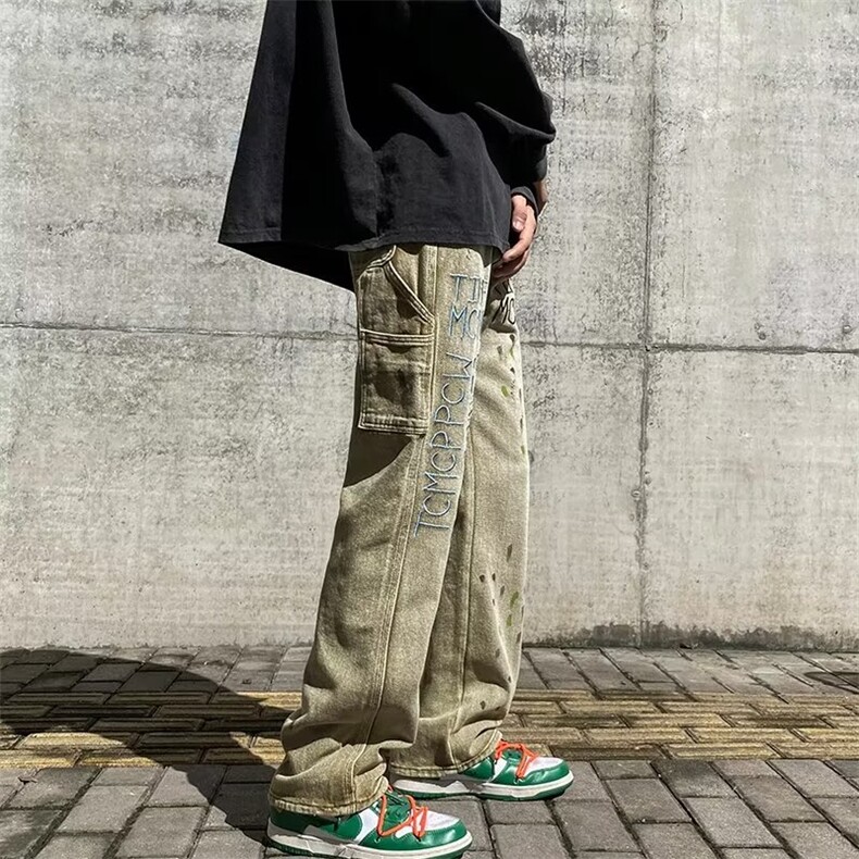 美式复古刺绣字母泼墨牛仔裤男高街vibe宽松直筒阔腿裤N6024-P49,男装牛仔裤,星座1008-1