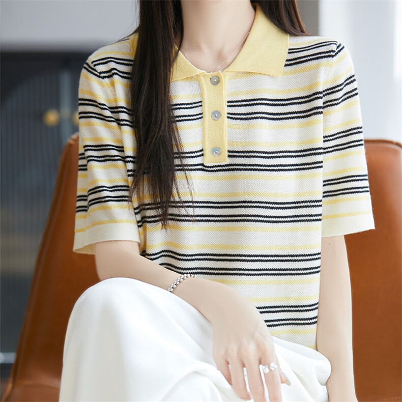 2025春夏新款polo领条纹针织短袖t恤女撞色翻领半袖打底衫薄上衣,针织衫/毛衣,唐诺