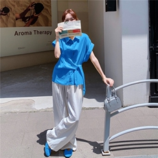 【现货】设计感短袖衬衫+阔腿裤套装2D145-Y2507-P155-控228，女装套装/套裙，2D145
