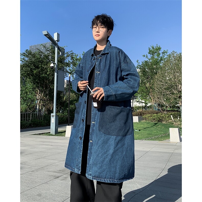 春秋季新款牛仔风衣中长款宽松潮牌港风工装外套,男装风衣,星座410-6（原星座1304-1）