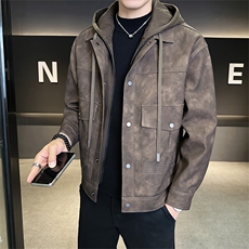 店主风2025秋新款假两件连帽可拆卸皮衣男夹克外套B338-5035-P165，男装皮衣，电商B338
