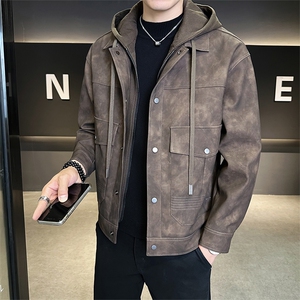 店主风2025秋新款假两件连帽可拆卸皮衣男夹克外套B338-5035-P165图片