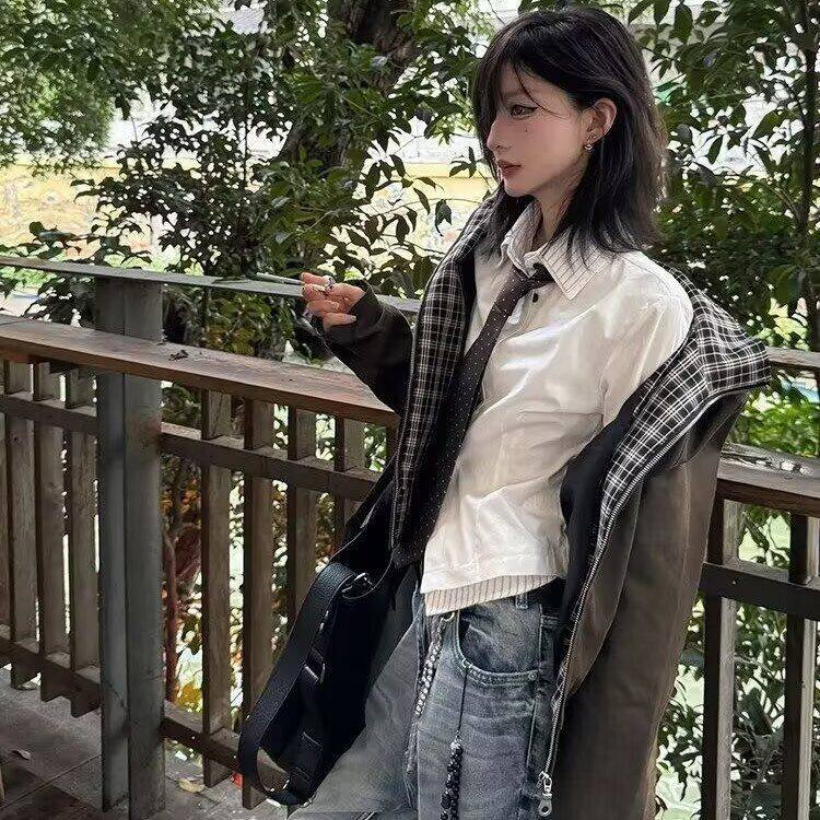 假两件复古翻领夹克男春秋高级感美式潮牌痞帅外套休闲宽松棒球服图片