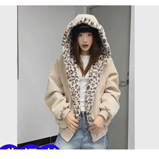 网图棕色双面穿豹纹棉服男女冬季加绒加厚座山雕外套PU皮，男装棉衣，电商C307