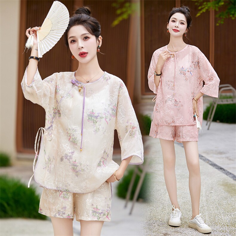 【红粉青蛾】2025夏季新款重工刺绣盘扣两件套国风休闲套装，女装套装/套裙，妙形
