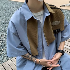 美式复古短袖衬衫男夏季设计感小众拼接衬衣宽松休闲外套HC10-P43，男装T恤，星座1008-2