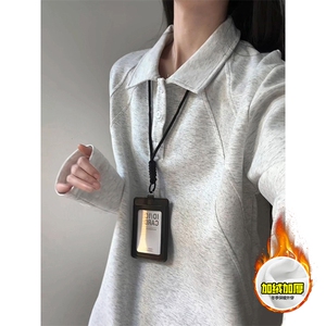 抖音得物高品质美式高街重磅曼巴棉结构螺纹拼接翻领卫衣长袖T恤图片