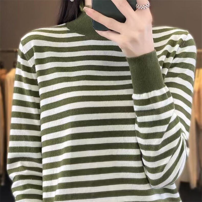 100%羊毛条纹长袖针织打底衫女蕾丝拼接半高领套头洋气减龄内搭毛,针织衫/毛衣,萱芳婷羊绒