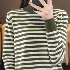 100%羊毛条纹长袖针织打底衫女蕾丝拼接半高领套头洋气减龄内搭毛，女装针织衫/毛衣，萱芳婷羊绒
