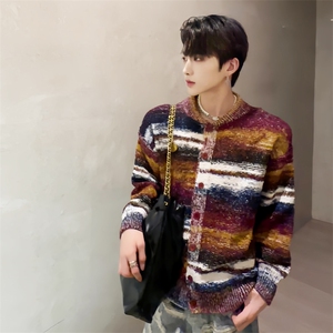 (自家图）彩条撞色纹针织衫宽松男开衫小香风毛衣1359-P68图片