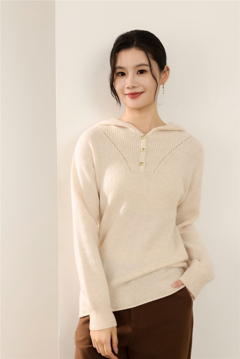2025年秋季新款百搭双股金扣帽衫，女装针织衫/毛衣，梵泰羊绒