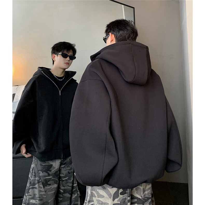 美式廓形灰色连帽卫衣外套男女秋冬新款宽松重磅开衫,女装短外套,电商C307