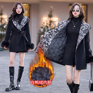羽绒服女中长款2024冬新款超好看独特漂亮小香风黑色收腰毛呢外套图片