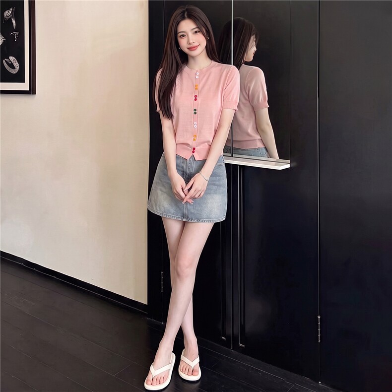 韩系温柔风时尚运动休闲套装女夏圆领彩色纽扣上衣牛仔短裙两件套，女装套装/套裙，江南