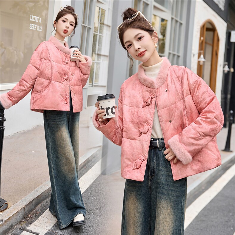 新中式国风羽绒服女2025冬季新款独特超好看短款粉色毛领保暖外套图片