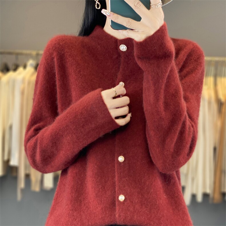 秋冬羊毛衫衫女圆领一线成衣开衫金银丝针织衫亮丝外搭,女装羊毛衫,鲁菏羊绒