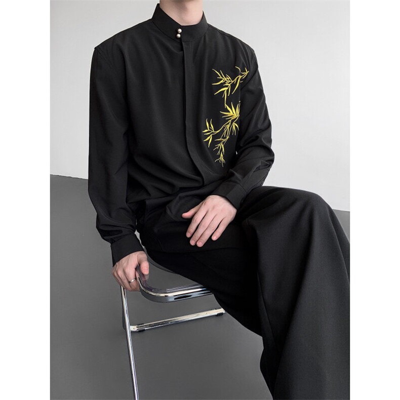 现货25秋冬新中式男士竹叶刺绣重工立领盘扣长袖衬衫cs186-p78,男装衬衫,电商B288