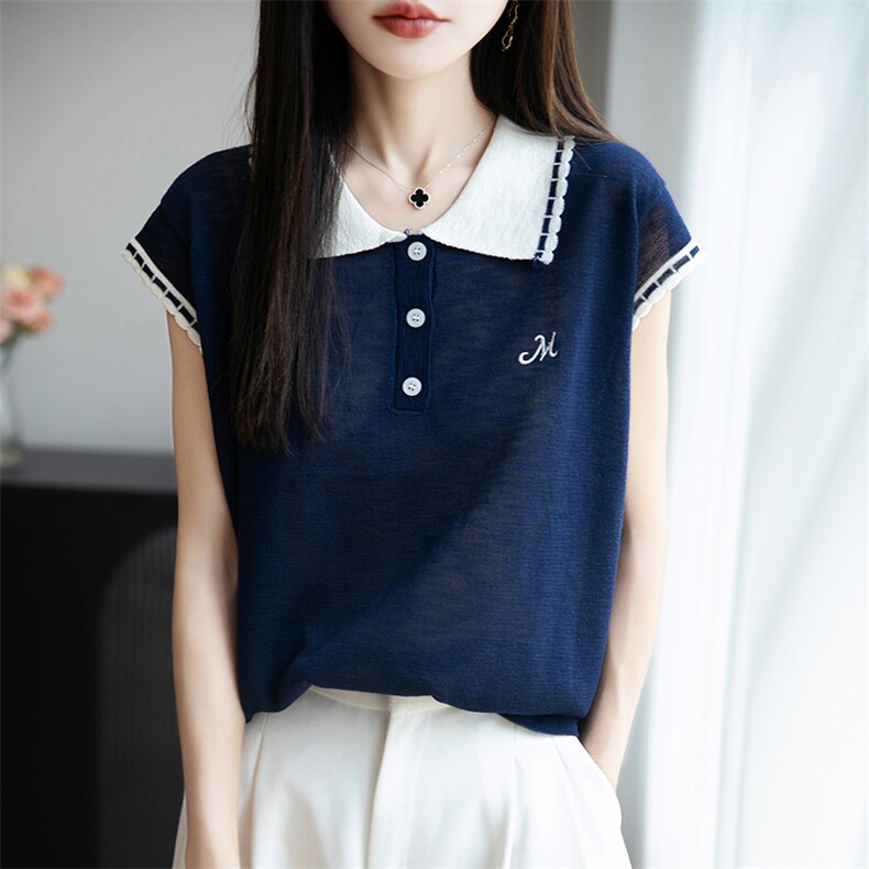 撞色翻领冰麻针织小飞袖T恤女2025夏薄Polo领上衣显瘦短袖t恤衫潮,女装T恤,菲奥羊绒