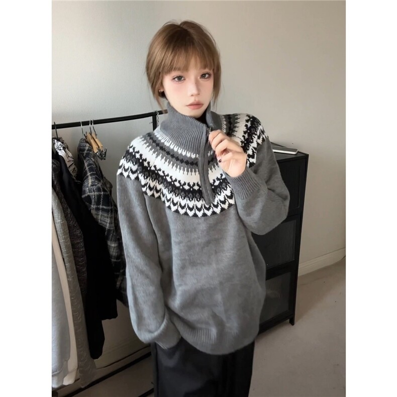 复古半拉链高领毛衣女费尔岛提花宽松慵懒套头针织上衣MY123,男装针织衫/毛衣,星座208-5